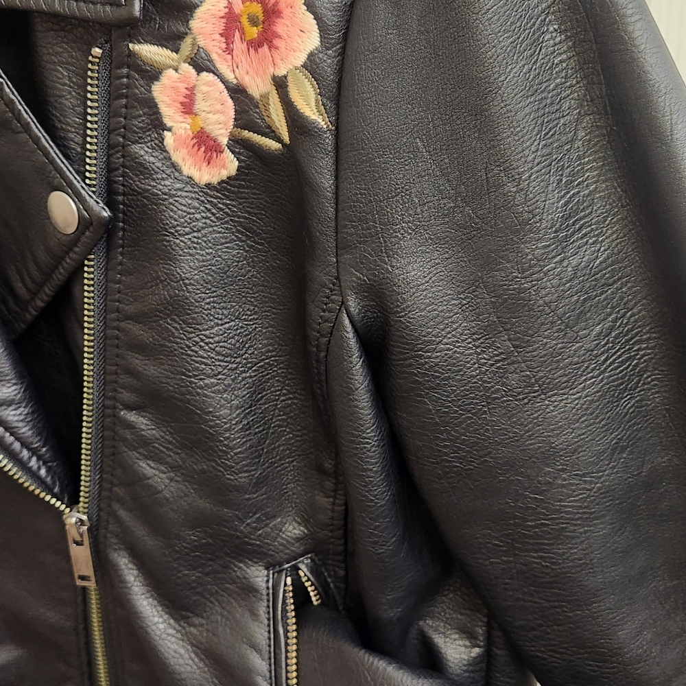 Jessica Simpson Black Leather Jacket with Pink Floral Embroidery - Picture 7 of 9